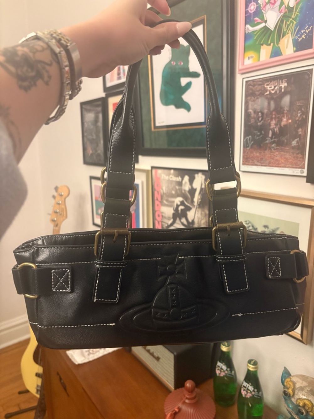 Vivienne Westwood Black Leather Shoulder Tote with Contrast Stitching